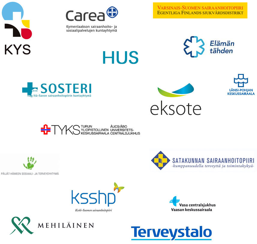 KYS, Carea, HUS, Turun yliopistollinen keskussairaala TYKS, EKSOTE, Länsi-Pohjan Keskussairaala, Pirkanmaan sairaanhoitopiiri, Varsinais-Suomen sairaanhoitopiiri VSSHP, Sosteri, PHSotey, Keski-Suomen sairaanhoitopiiri KSSHP, Vaasan keskussairaala, Vaasan sairaanhoitopiiri
